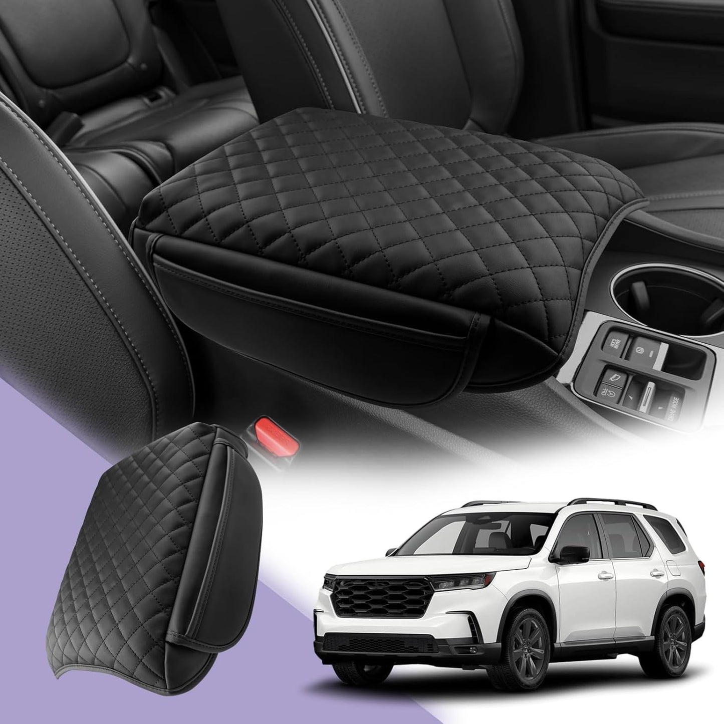 LUWU Center Console Cover Compatible with 2023 2024 2025 Honda Pilot & 2024 2025 Ridgeline & 2024 2025 2026 Honda Passport Accessories Armrest Console Cover Leather Interior Accessories (Thick Black)