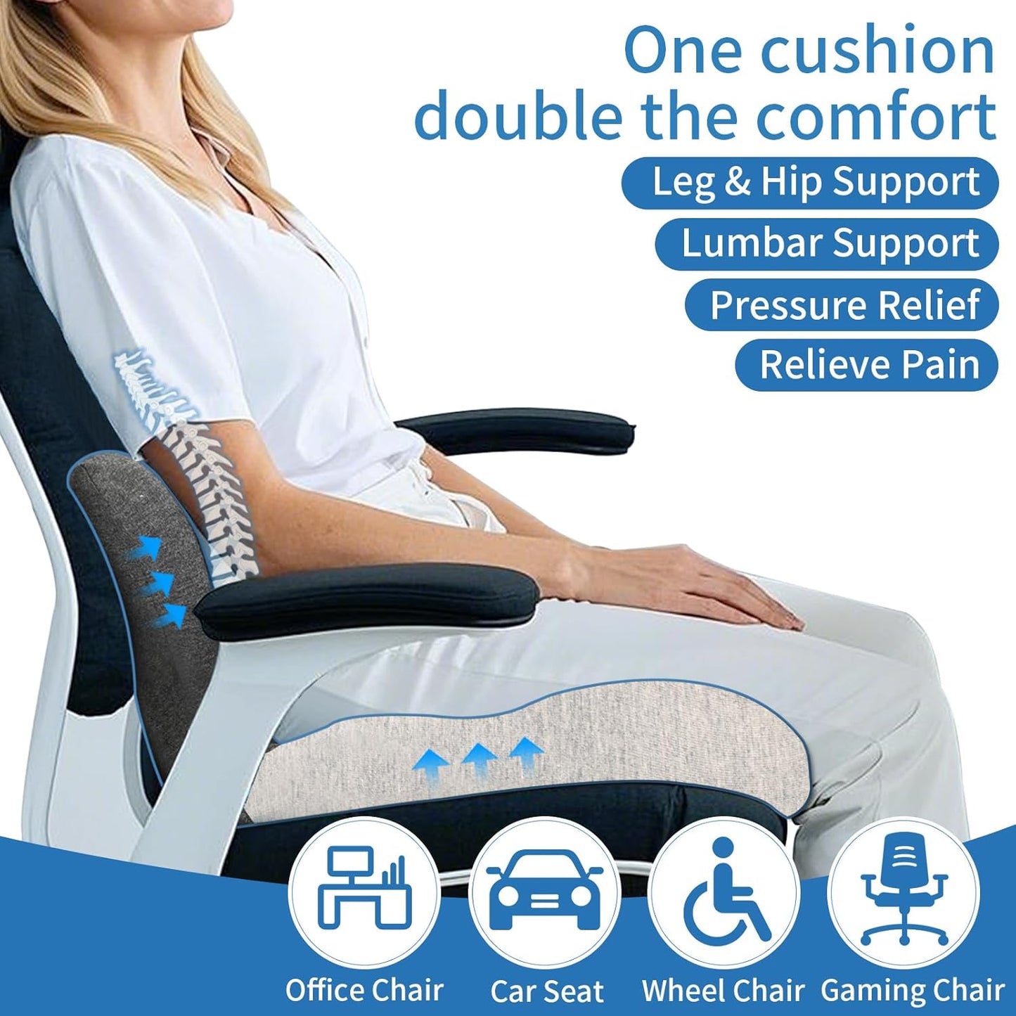 Memory Foam Seat Cushion,Office Chair Cushion with Lumbar Support for Back Pressure Relief, Car Seat Cushion with Adjustable Strap,Sciatica Pad Cushions for Car,Truck, Desk,Gaming Chair