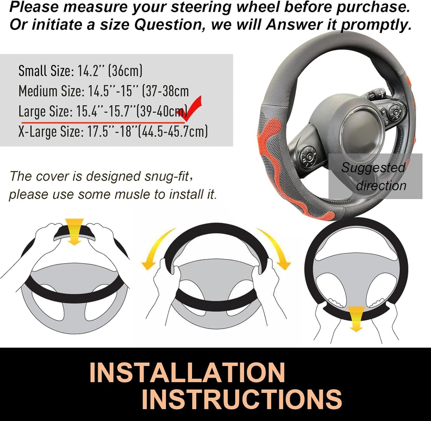 PINCTROT Large Size Comfy Grip Steering Wheel Cover, Anti-Slip Design, 15.5-15.75 Inch(Silicone Orange)