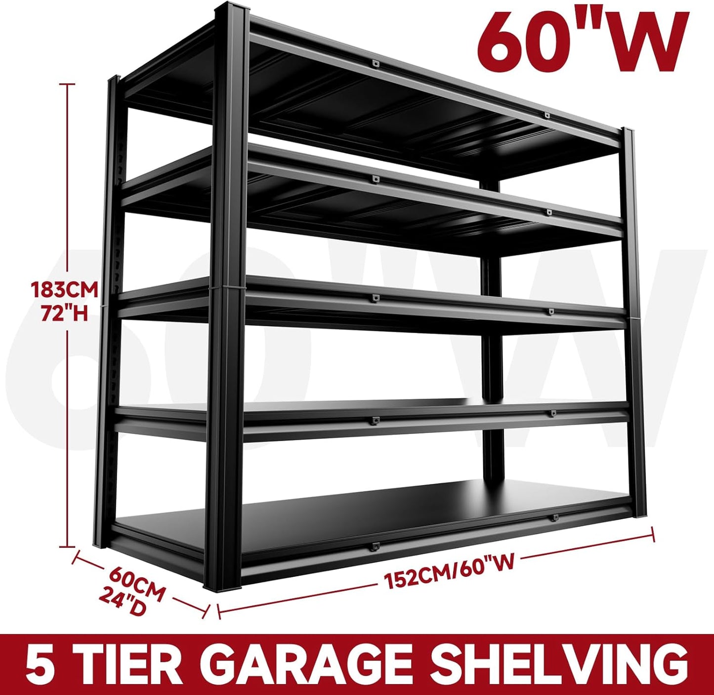 5-Tier 60" W x 24" D x 72" H Garage Shelving 3000LBS Storage Shelves Heavy Duty Metal Shelf Unit Adjustable Basement Industrial Storage Racks