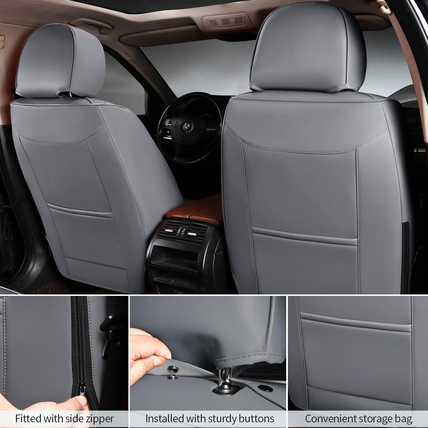 Car Seat Covers Full Set Leather Seat Covers Automotive Seat Covers Universal Car Seat Cover for Most Cars Gray