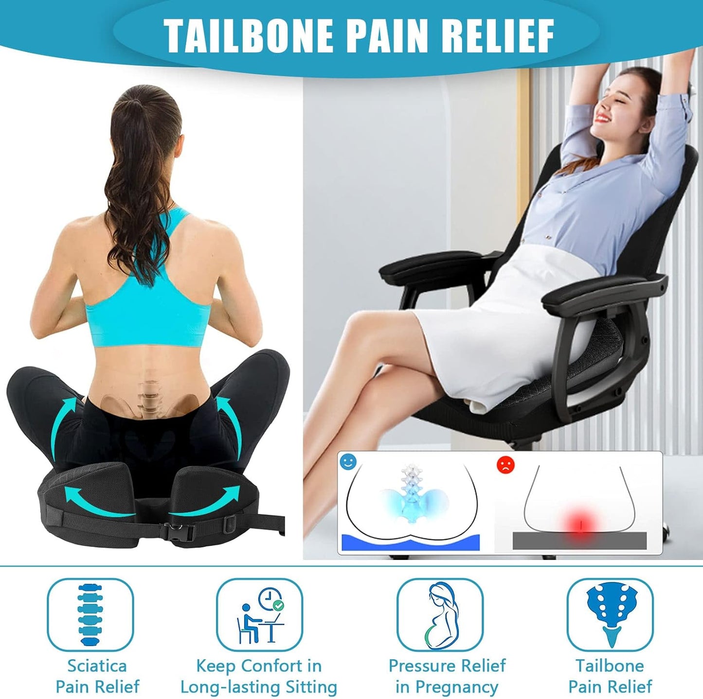 MYFAMIREA Car Coccyx Seat Cushion Longer Office Chair Cushion, Memory Foam Tailbone Heightening Wedge Booste, Fit Hip Shape Lower Back Pain Relief, 3D U-Shape Cushion for Car Seat Driver (Black)