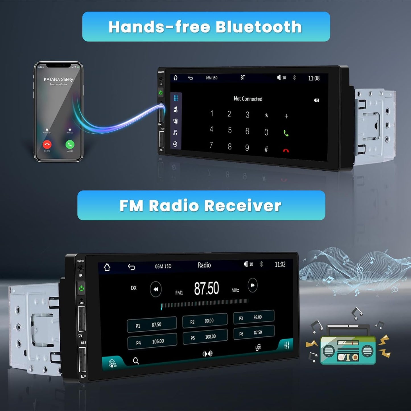 6.9 Inch Single Din Car Stereo with Carplay Android Auto, HD Touchscreen with Bluetooth FM Radio EQ SWC Dual USB Port with Backup Camera MIC MP5 Player Car Audio Receiver