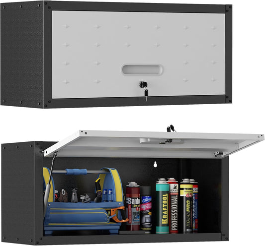 Metal Tool Cabinet,Garage Storage Cabinet System,Wall Cabinet & Locking Rolling Tool Cabinet with Doors and Adjustable Shelves,Steel Tool Cabinets for Home,Office (2 Pcs-StyleAA, Black & Grey)