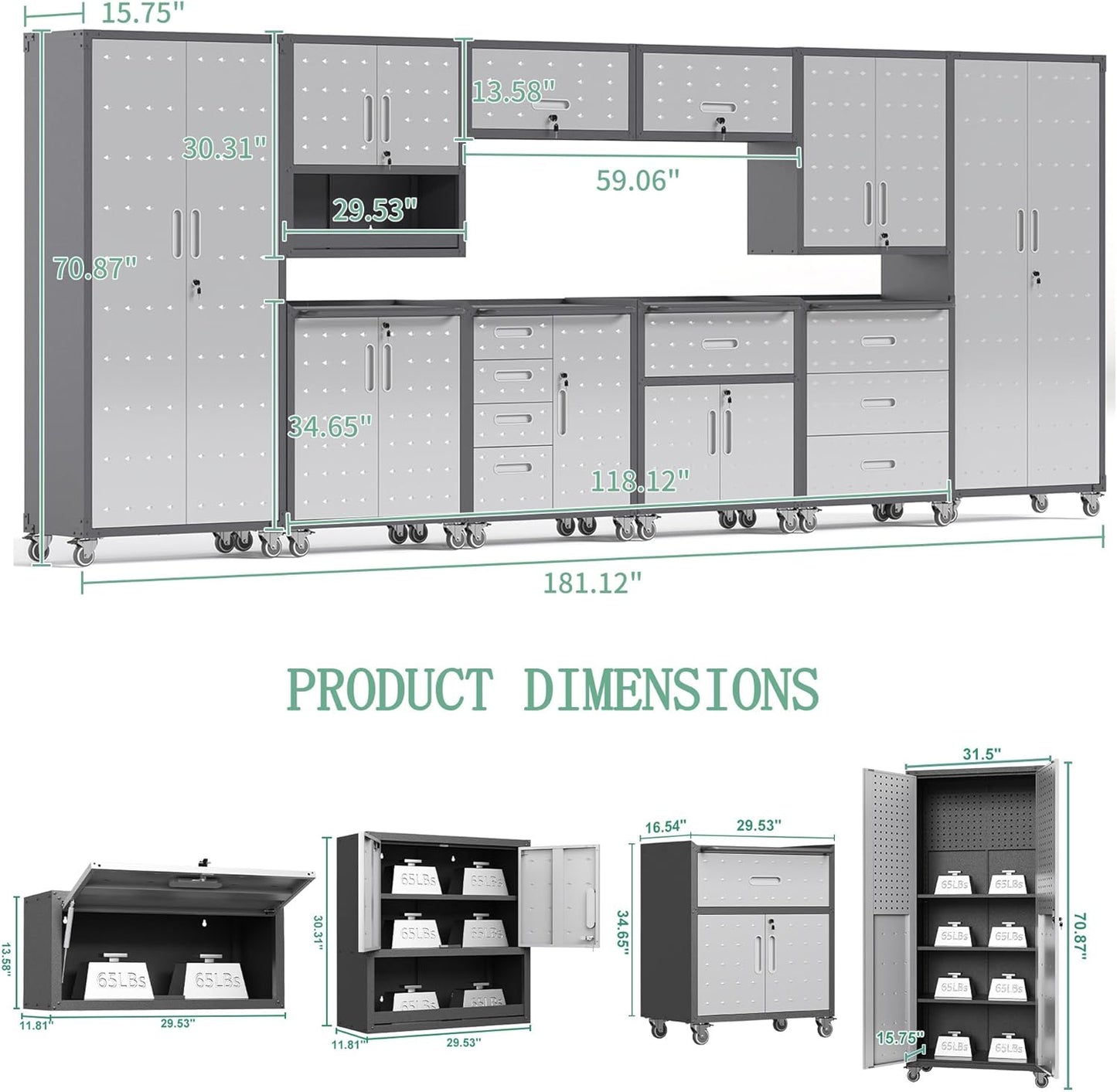 Metal Tool Cabinet,Garage Storage Cabinet System,Wall Cabinet & Locking Rolling Tool Cabinet with Doors and Adjustable Shelves,Steel Tool Cabinets for Home,Office (10 Pcs-StyleA, Black & Grey)