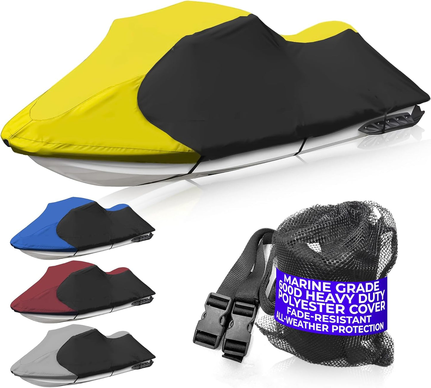 Trailerable Jet Ski Cover, Waterproof Marine Grade 600D Heavy Duty Polyester PWC Cover Yellow/Black Fits from 103"-115" 1 or 2 Seater
