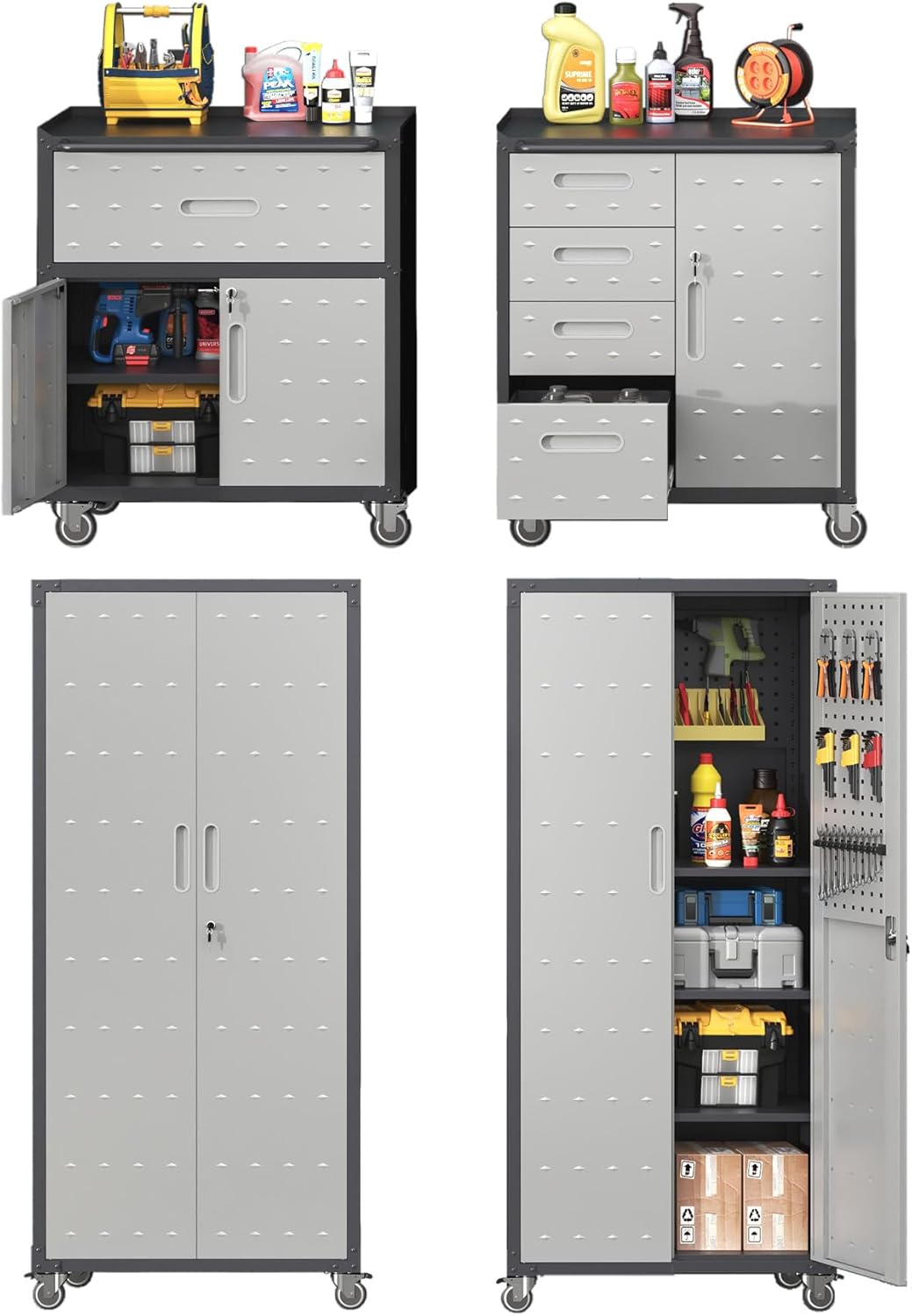 Metal Tool Cabinet,Garage Storage Cabinet System,Wall Cabinet & Locking Rolling Tool Cabinet with Doors and Adjustable Shelves,Steel Tool Cabinets for Home,Office (4 Pcs-StyleB, Black & Grey)