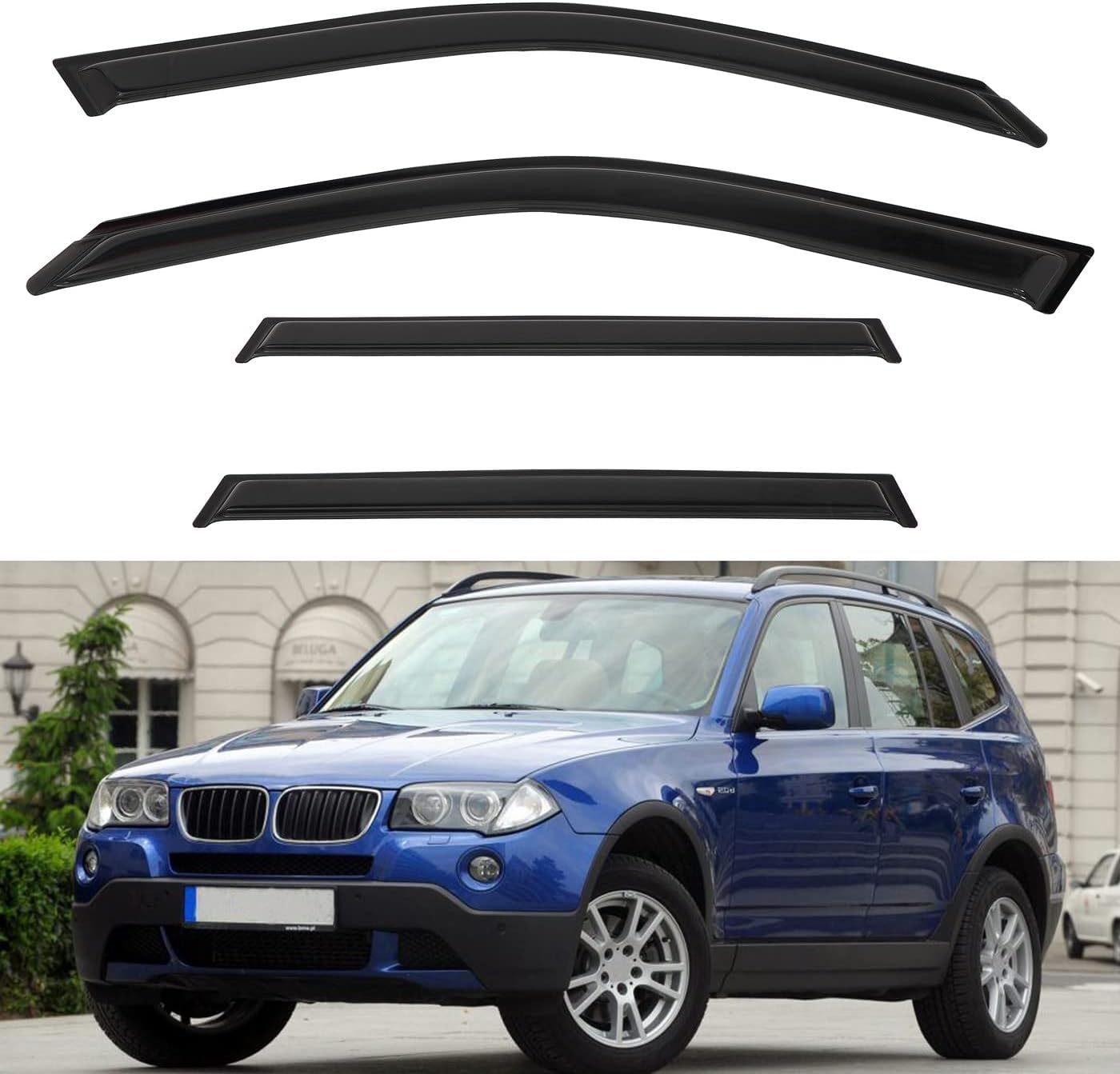 4pcs Front+Rear Smoke Tint Sun/Rain Guard Outside Mount Tape-On Vent Window Visors Compatible with 04-10 BMW X3 E83