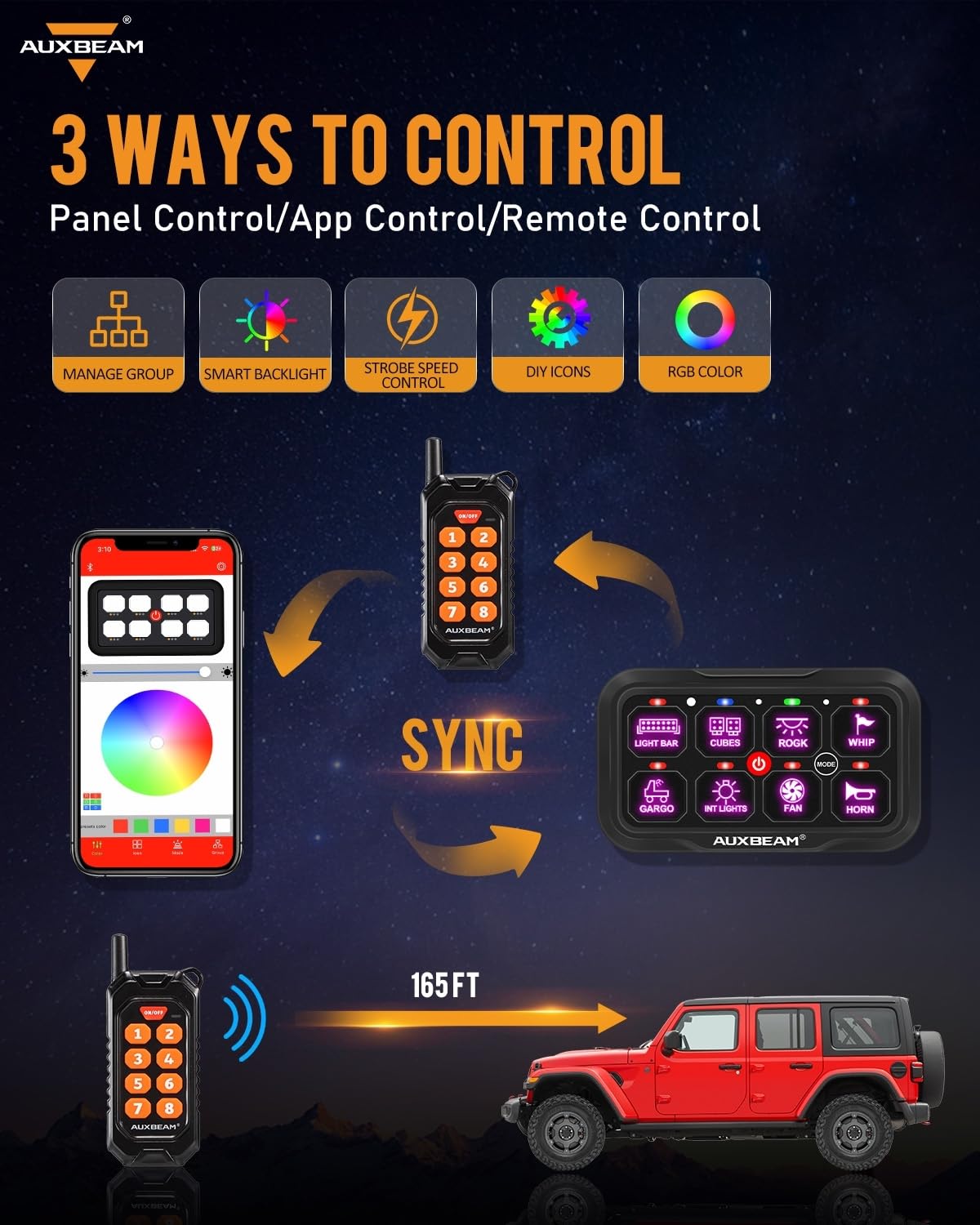 Auxbeam 8 Gang Switch Panel Bluetooth RGB AC-800 with APP&Remote Control Toggle Momentary Pulsed Switch Pod Off Backlight for Truck Offroad UTV ATV Car Marine 12-24V Waterproof 2 Years Warranty