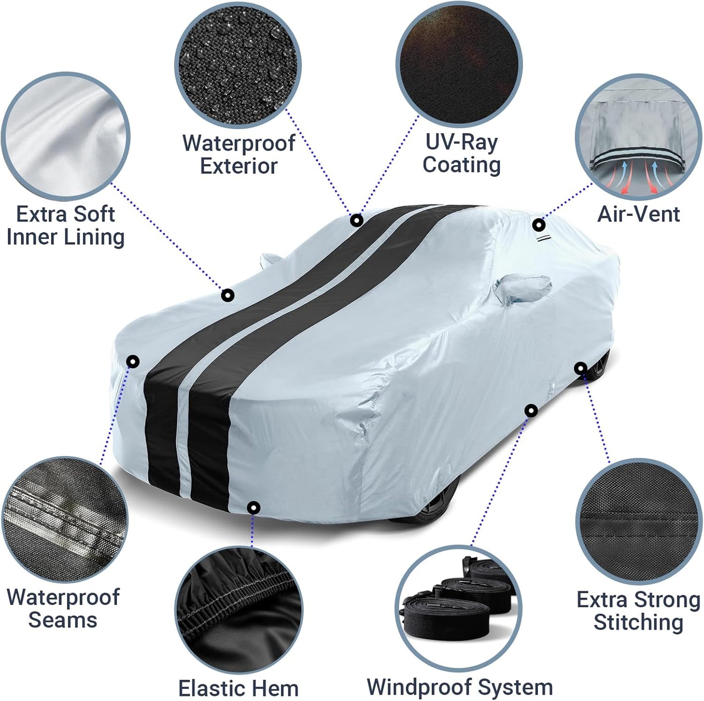 iCarCover Custom Car Cover for Pontiac G6 (2005-2010) Waterproof All-Weather Rain Snow UV Sun Protector Full Exterior Indoor Outdoor Car Cover (Stripe - Gray/Black)
