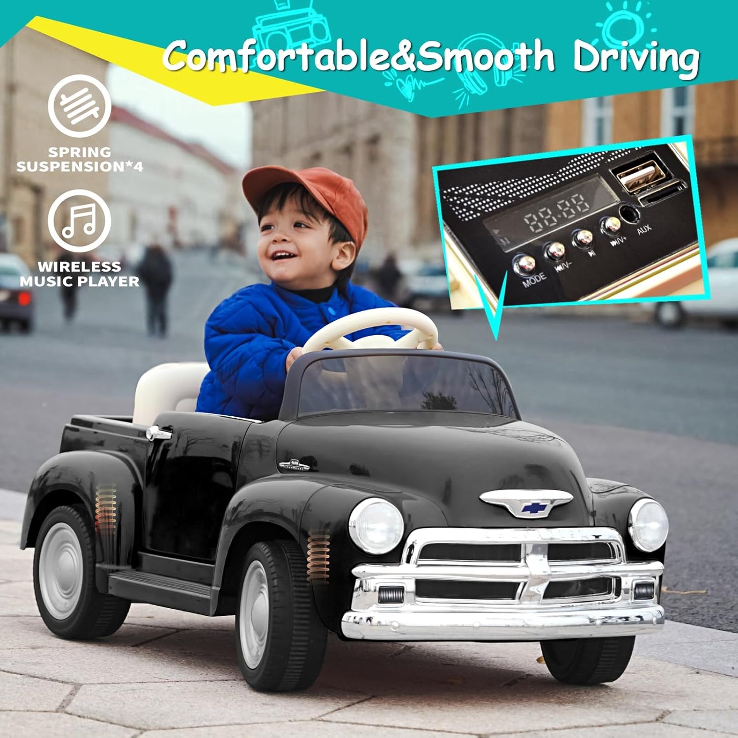 Joywhale 12V Kids Ride on Car Licensed Chevrolet 3100 Pickup Battery Powered Motorized Electric Car,with 7AH Big Battery,2.4G Remote Control,3-Speeds,Storage Space,Music,Retro Style,Black