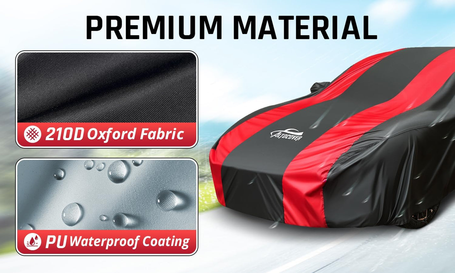 Extra Large Car Covers Waterproof for All Weather Protection with Red Stripe Design, Car Cover for Automobiles Universal Fit Cadillac Deville, Lincoln Continental Town, Ford Crown Victoria