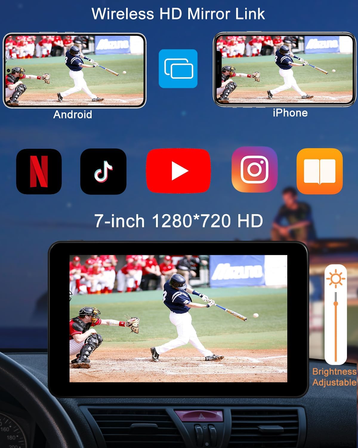 Compatible Wireless Apple CarPlay Android Auto Car Screen, 720P Back Camera 7″ Touch Screen Car Music Video Player Portable GPS Naivgation Bluetooth Mirror Link, Siri, AirPlay, Voice Assistant