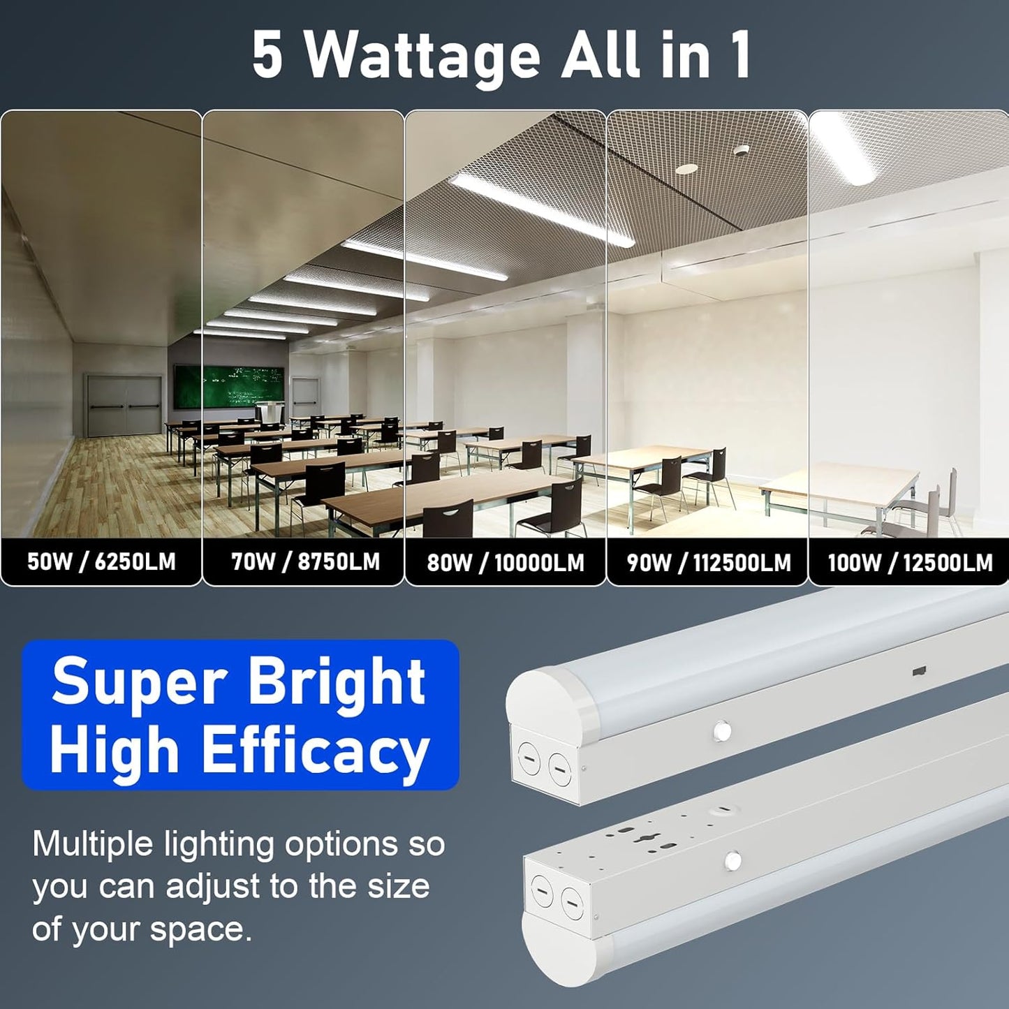 8FT LED Linear Strip Light, Super Bright 8 Foot LED Shop Lights 100W 90W 80W 70W 50W/6CCT 3000K-6500K Selectable, Flush Mount or Hanging 0-10V Dimmable Commercial Garage Ceiling Light, ETL DLC(4 Pcs)