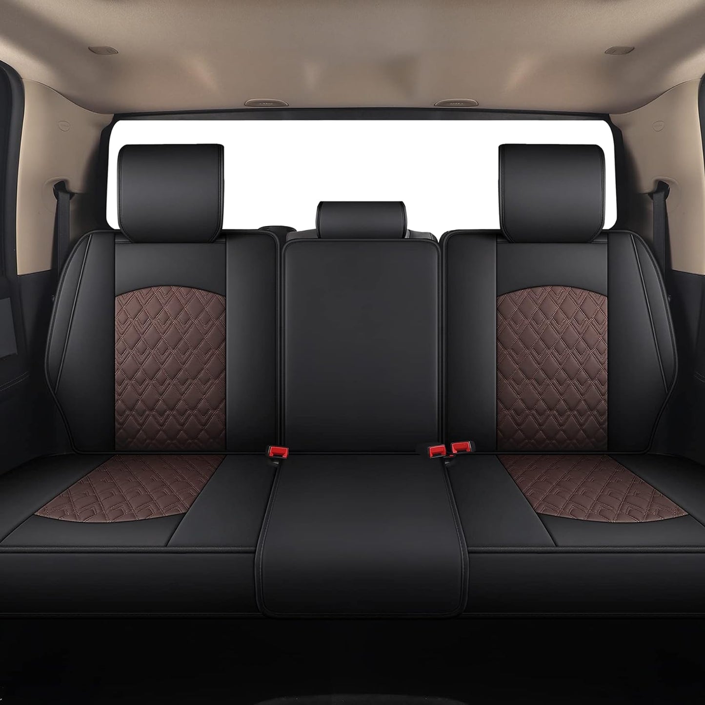 JOJOBAY Car Seat Covers for Dodge Ram,Fit Ram 2009-2025 1500/2500/3500 Pick-up Truck,Crew,Regular,Quad,Mega Cab,Waterproof Leather Automotive Interior Accessories（Rear Seat Cover,Black-Brown）