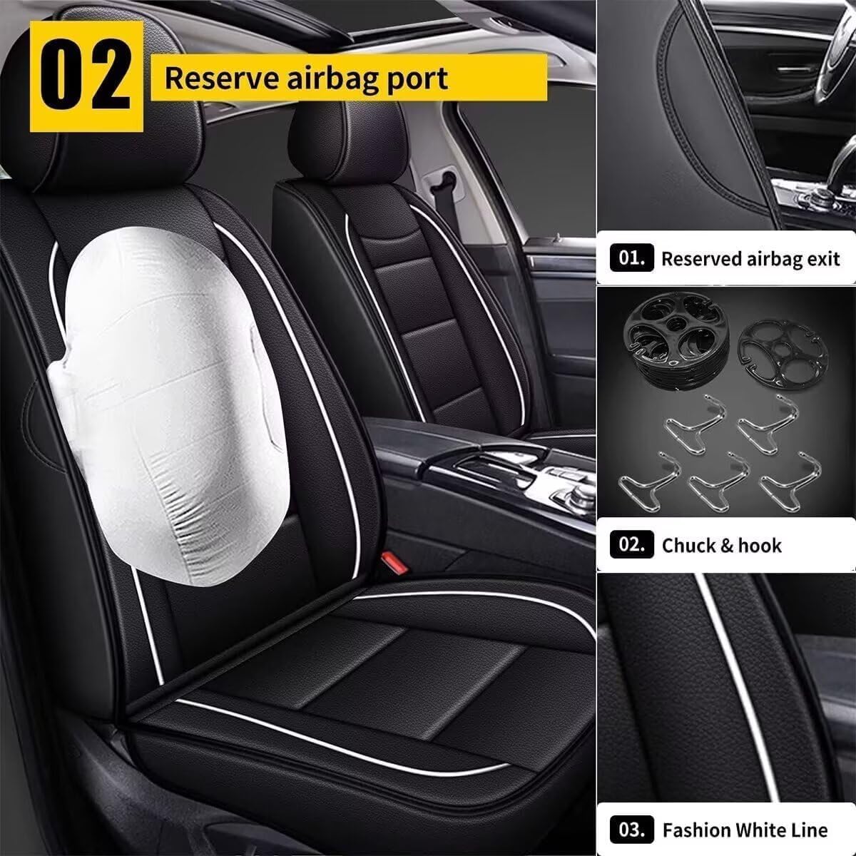 YORKNEIC Leather Car Seat Covers Fit for Hyundai Kona 2018-2025: 5 Seats Full Set Seat Covers - Waterproof Auto Seat Protector Compatible Airbag (Black)