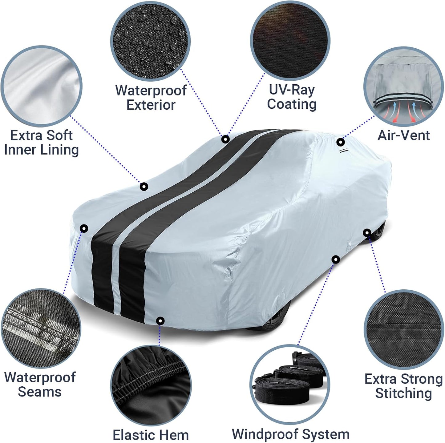 iCarCover Custom Car Cover for Pontiac Bonneville Wagon (1959-1970) Waterproof All-Weather Rain Snow UV Sun Protector Full Exterior Indoor Outdoor Car Cover (Stripe - Gray/Black)