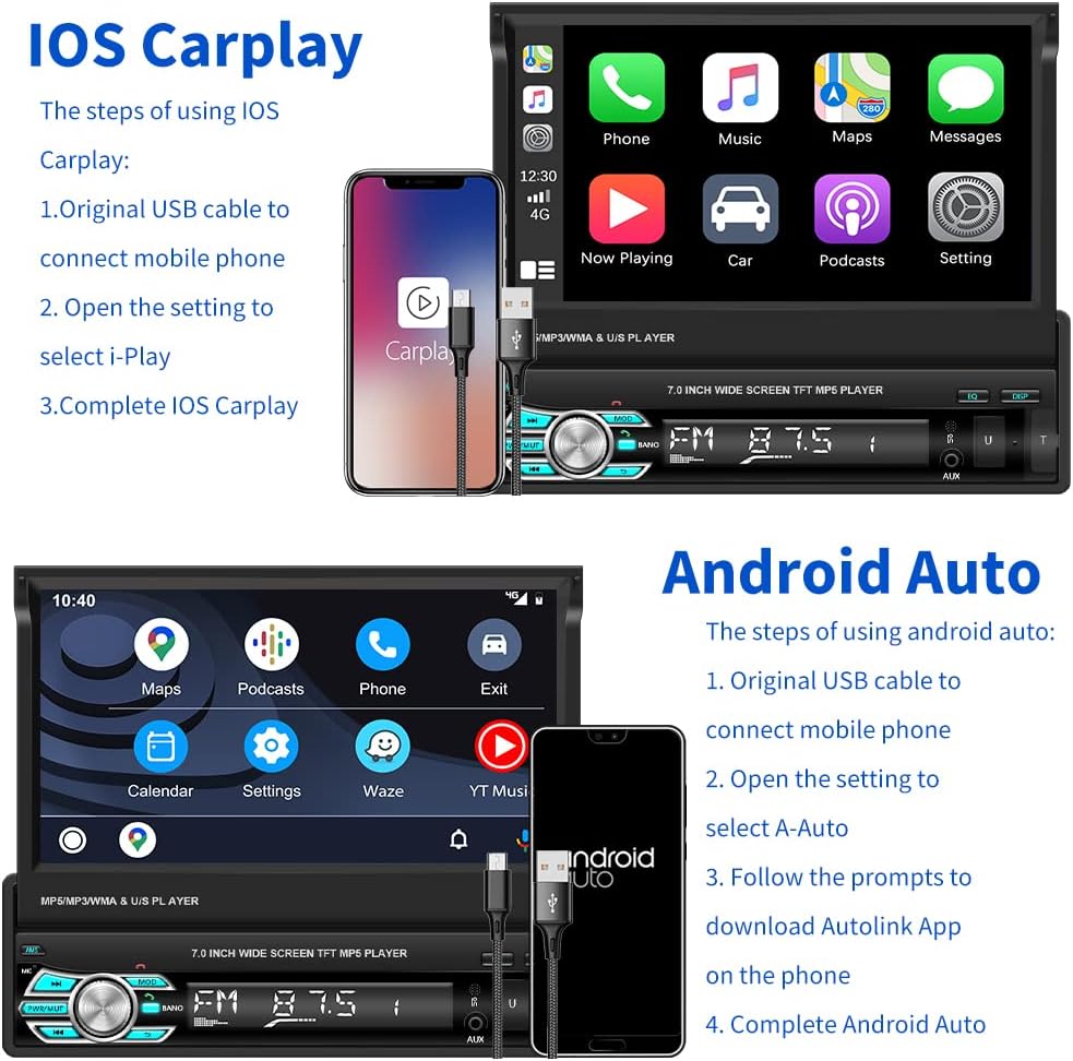 (Stable) Hikity Carplay Single Din Car Stereo, 7 Inch Flip Out Touch Screen Car Radio with Android Auto, Bluetooth, Mirror Link, Backup Camera, FM, USB, SWC, Voice Control Split Screen