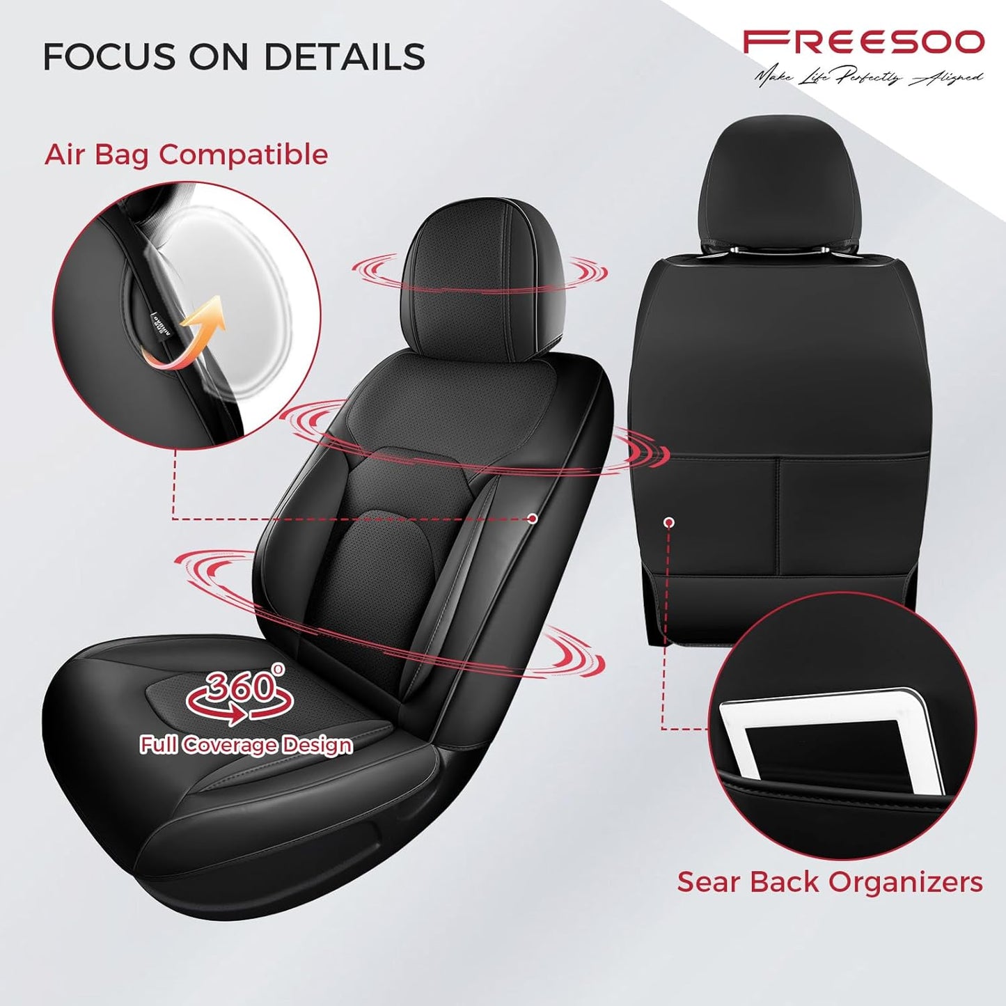 FREESOO Car Seat Covers Front Seats 2PCs,Waterproof Automotive Seat Covers, Leather Cars Interior Covers, Seats Protection Universal fit Babies & Adult (Black)