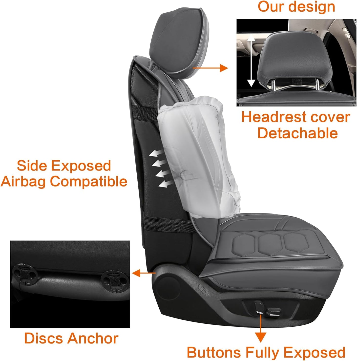 Pariitadin Leather Car Seat Covers Full Set, Waterproof Breathable Faux Leather Automotive Seat Covers for Cars, Non-Slip Car Interior Covers Universal Fit Most Cars Sedans Trucks SUVs, Gray