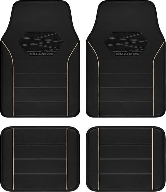 Skechers Memory Foam Car Mats, Leather Piping with Anti-Slip Pad, Universal Waterproof Fit Automotive Floor Mats for SUV, Vans, Sedans, Trucks, Full Set 4pcs Beige