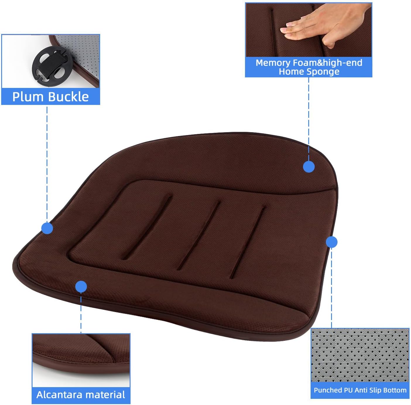 KAYI Car Seat Cushion, Memory Foam Car Seat Cushion, Anti Slip Rubber Bottom Car Seat Cushions for Driving, Suitable for Car and Office Chairs (2 Pack, Brown)