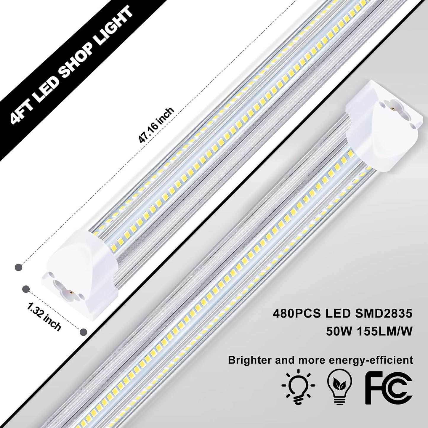 LED Shop Lights - 4FT 50W LED Light Fixture, 4 Foot High Output 7750Lumen, 6000K, Clear Cover, V-Shape Linkable, Plug and Play, T8 LED Tube Light for Garage, Workshop (10 Pack)