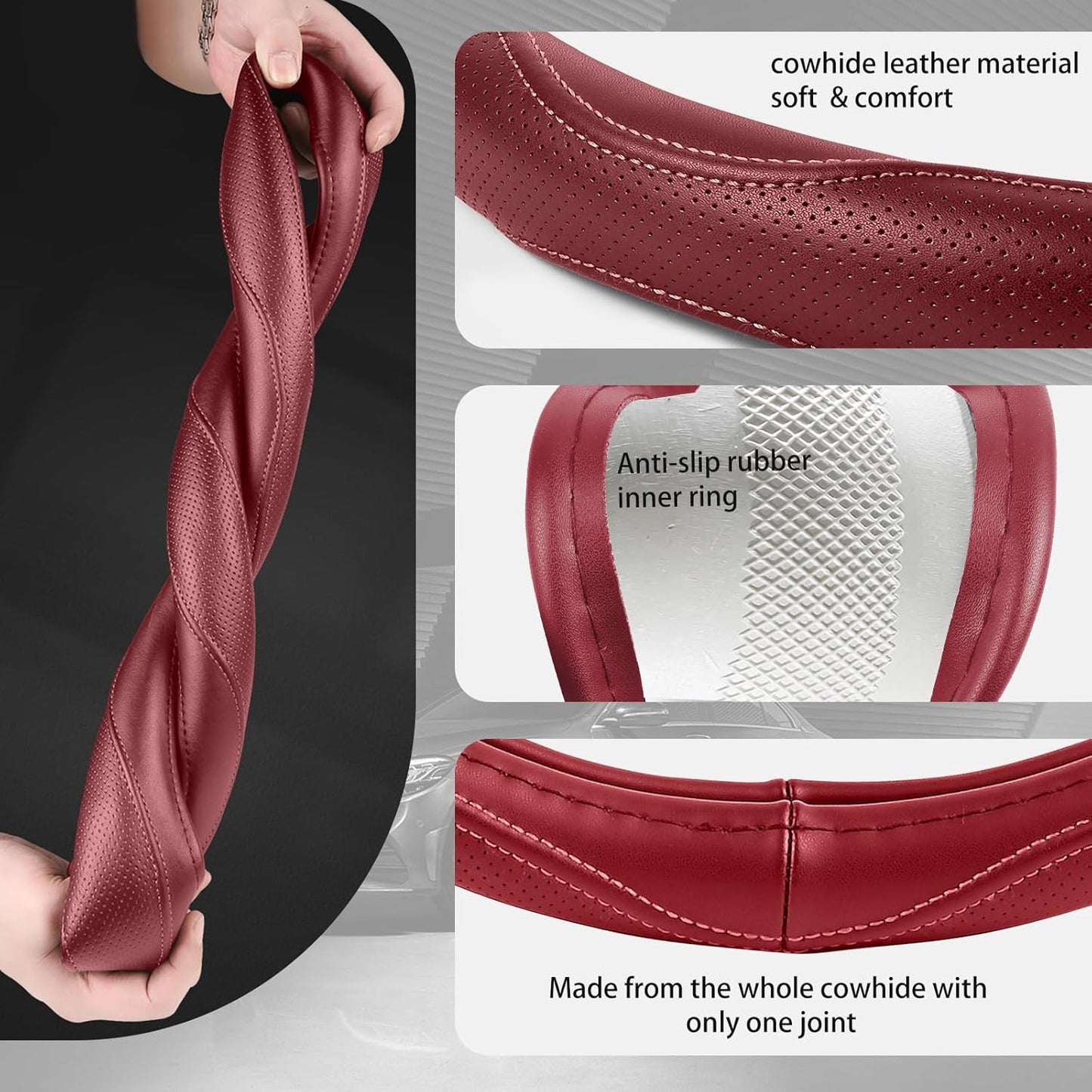 High-Grade Wine Red Genuine Leather Steering Wheel Cover for Men Women，Real Cowhide Leather Steering Wheel Cover for Cars,Universal 14.5-15 inch Steering Wheels