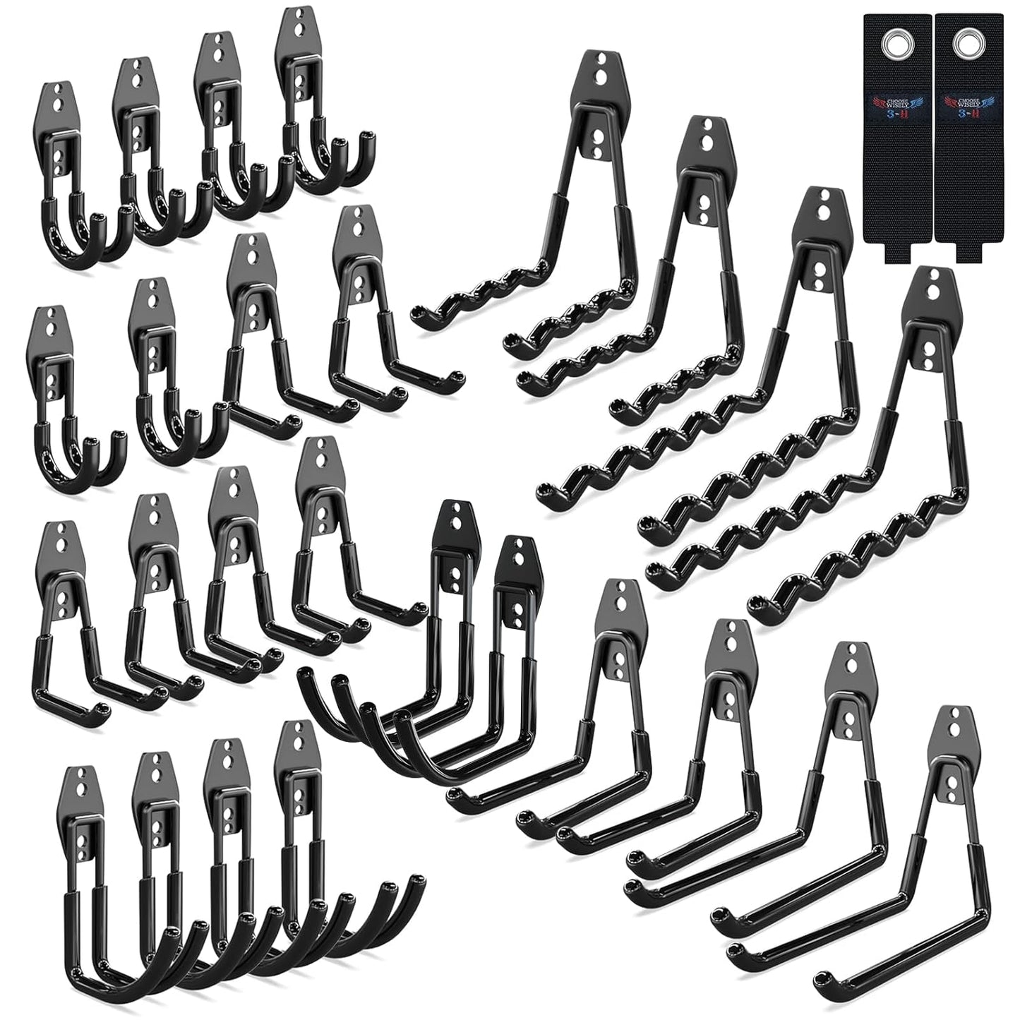 3-H Garage Wall Hooks 28 Pack, Garage Hooks Heavy Duty with Extra Welding Spots, Wall Mount Storage Organizer for Hanging Garden Lawn Tools, Ladder, Bike, WeedEater, Chair, Shovel, Blower (Black)