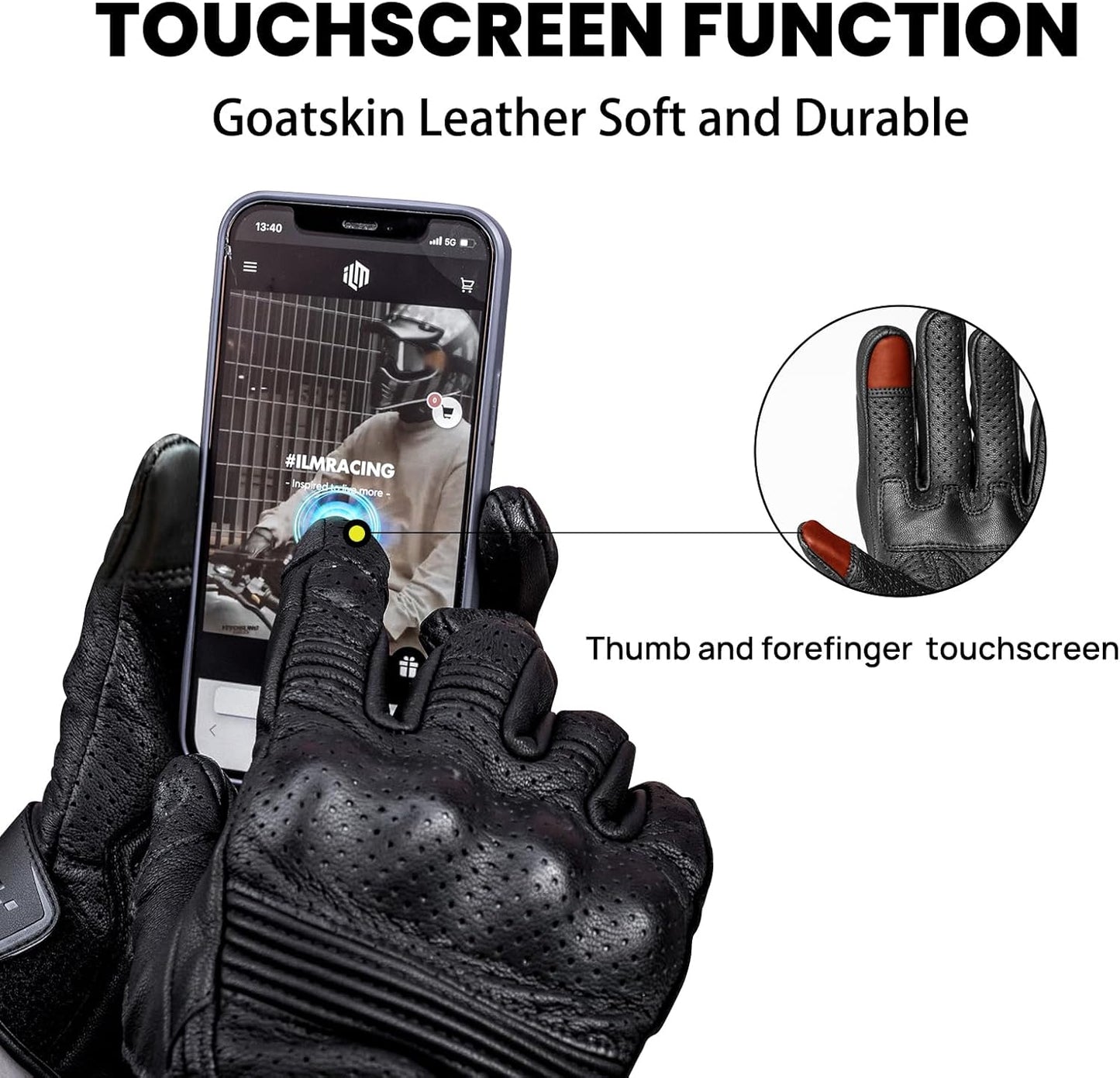 ILM Goatskin Leather Motorcycle Motorbike Powersports Racing Gloves Touchscreen for Men and Women Model DN01(XXL, Black Perforated)