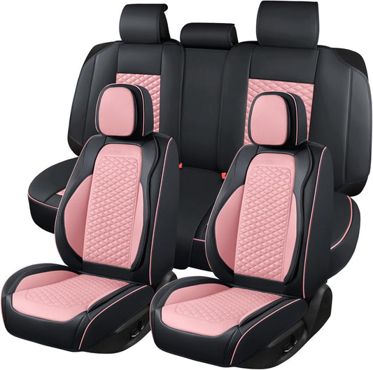 Seat Covers for Cars Full Set, Leather Seat Covers 2 Pack, Breathable Leather Materials, Suitable for SUV/Truck/Sedan/Automotive (Pink, 5 Piece)