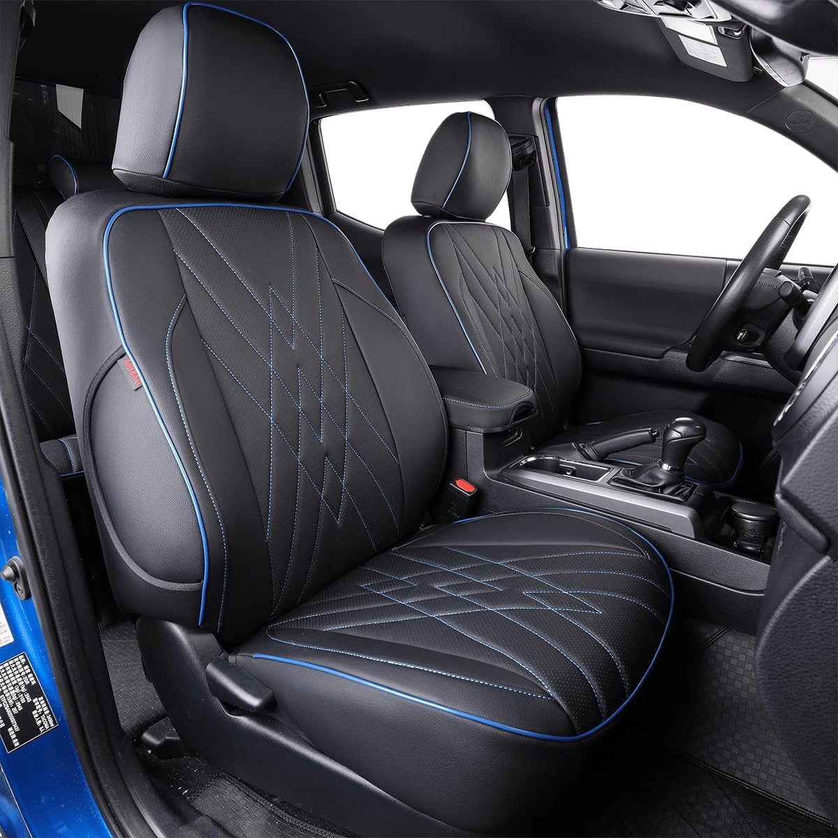 EKR Custom Fit Tacoma Front Car Seat Covers for Select Toyota Tacoma 2016 2017 2018 2019 2020 2021 2022 2023 Double Cab/Access Cab - Front Row Only, Leather (Black with Blue Trim)
