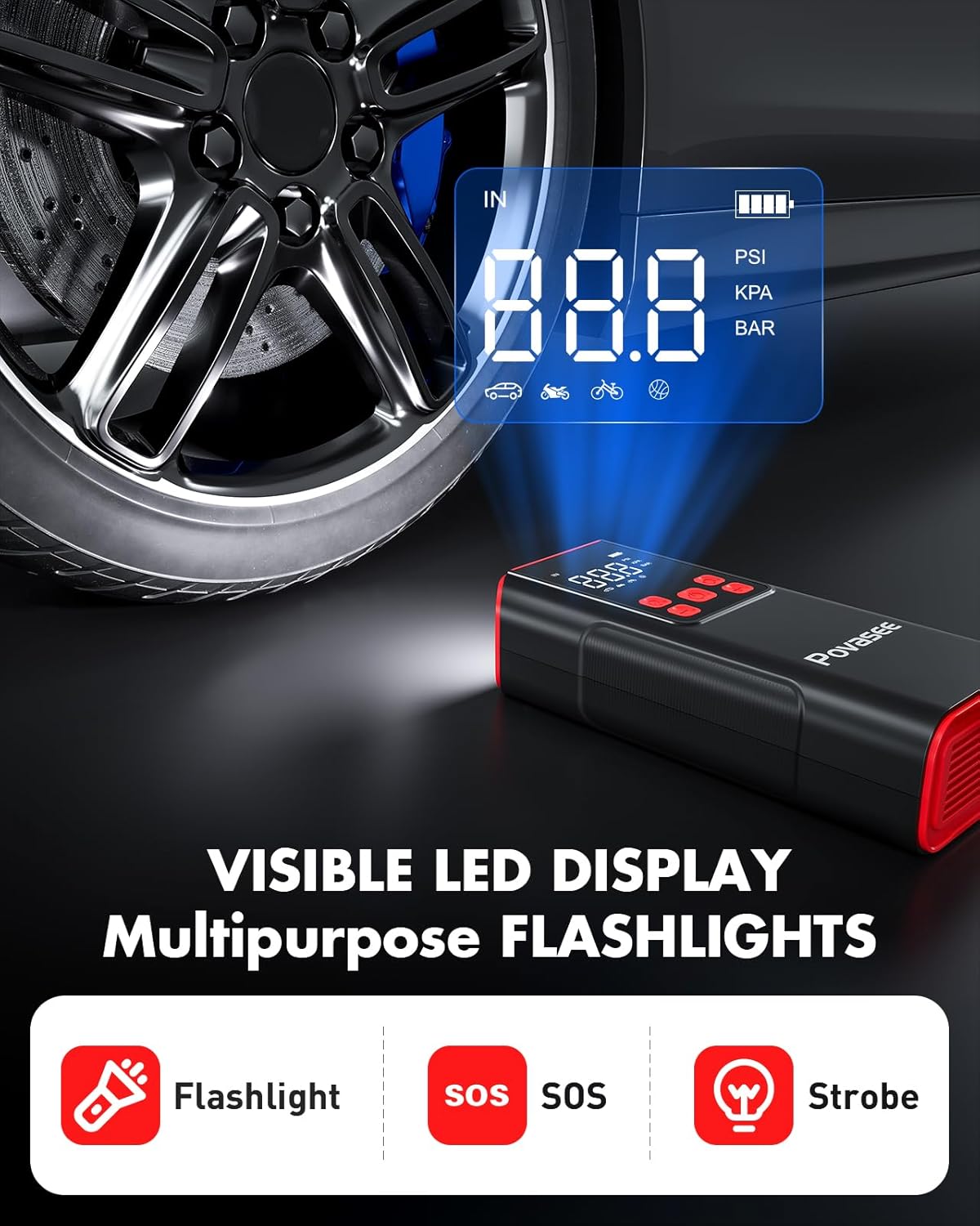 Tire Inflator Portable Air Compressor Povasee 150PSI Portable Air Pump for Tires Cordless Car Tire Inflator with LCD Display,Flashlight, 2X Tire Pump Faster suit for Cars Bikes Motorcycle Ball