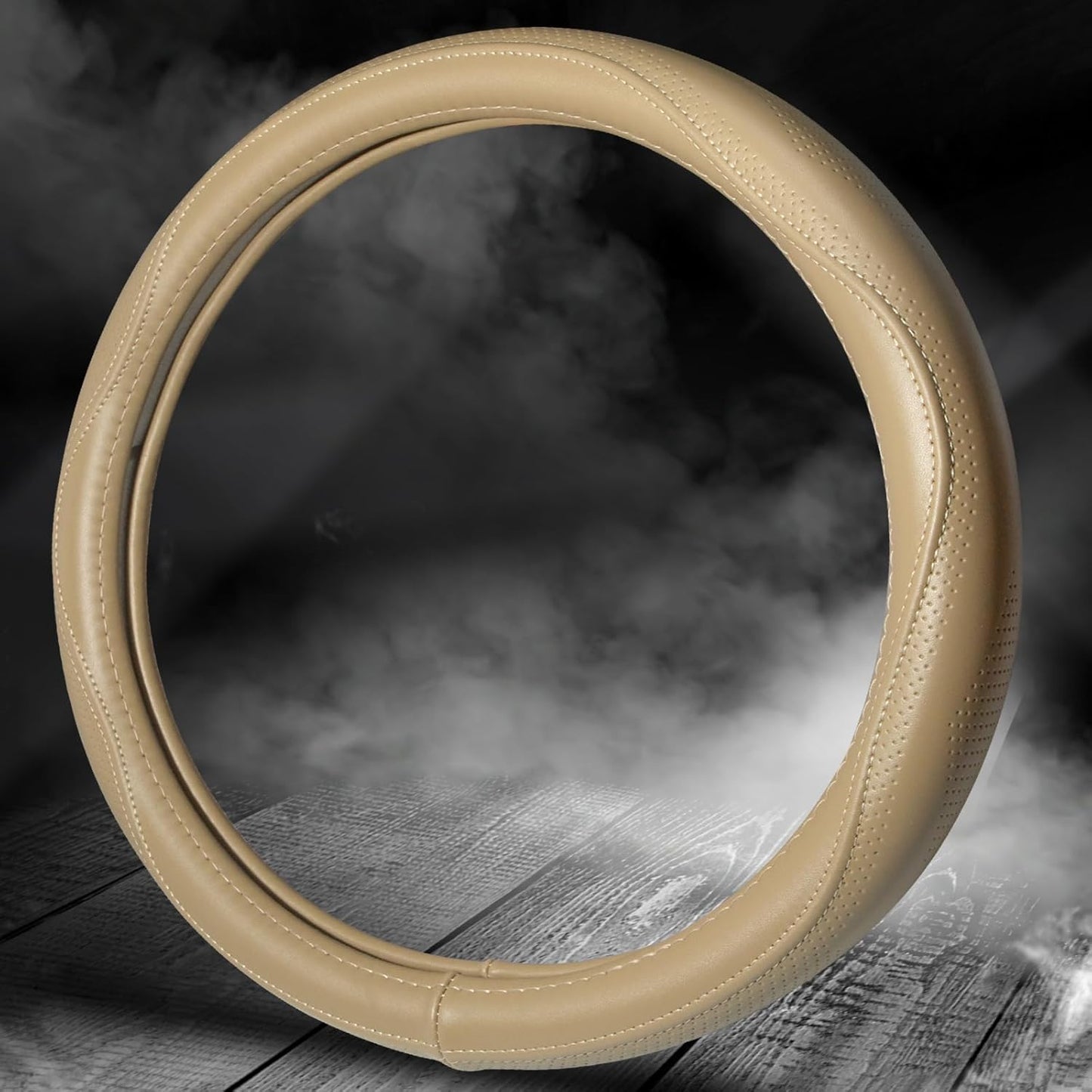 HAOKAY Top Grade Beige Genuine Leather Steering Wheel Cover Men Women, Luxury Steering Wheel Cover for Cars, SUVS and Trucks, Universal 14.5-15 inch