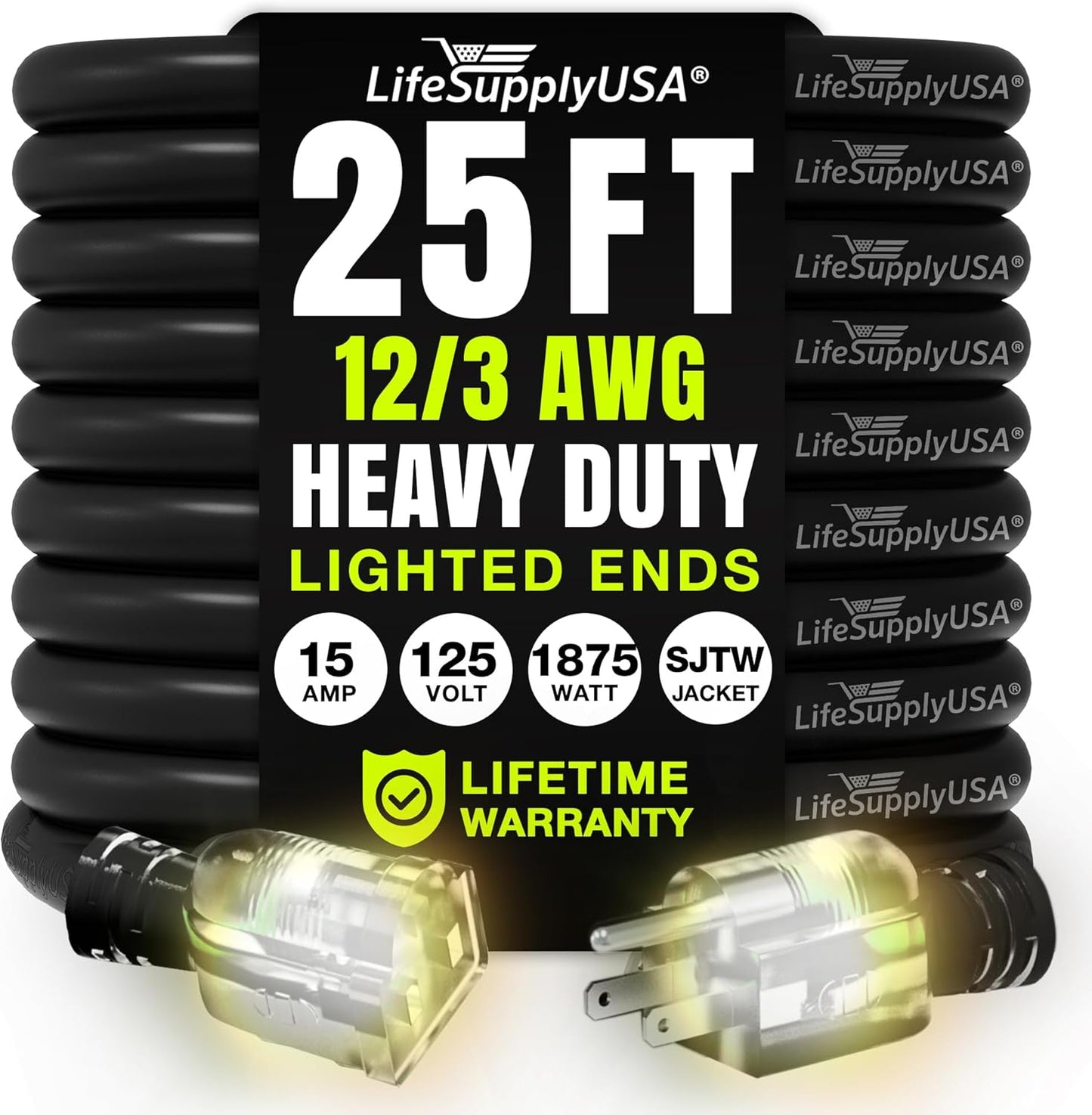 25ft Outdoor/Indoor Extension Cord 12/3 Gauge Extra Heavy Duty 3 Prong SJTW, Waterproof, Flexible Cold-Resistant Long Power Cord,15A 125V 1875W, Black by LifeSupplyUSA