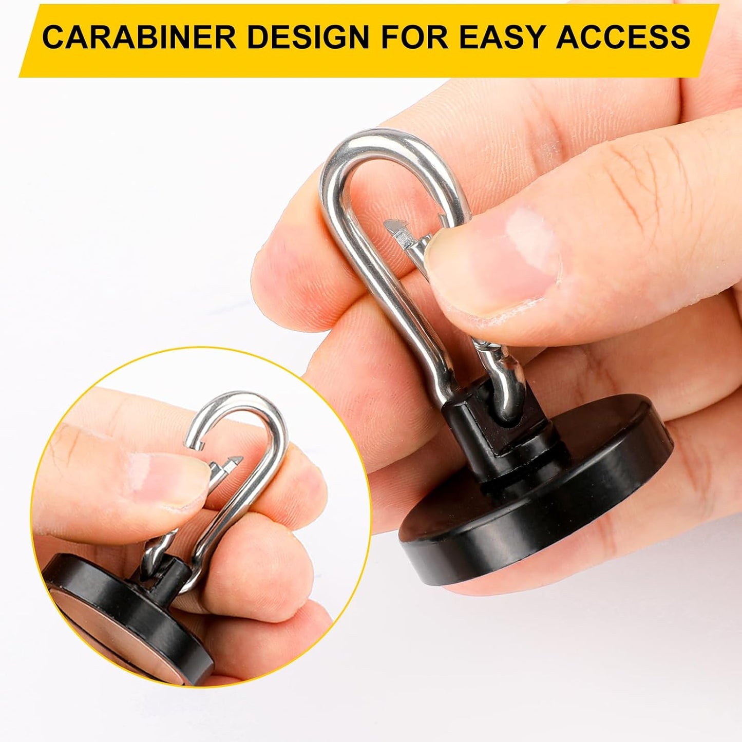 DIYMAG Black Magnetic Hooks, 150LBS Strong Heavy Duty Neodymium Magnet Hooks with Swivel Carabiner Hook, Great for Your Refrigerator and Other Magnetic Surfaces-36mm Diameter