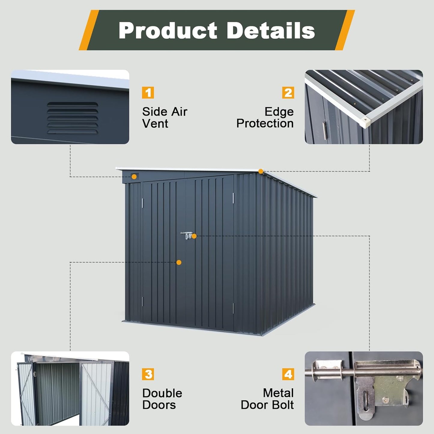 6x8 FT Lean to Shed with Lockable Double Doors, Metal Outdoor Storage Shed with Free PC Light Board for Tools, Outside Storage Shed Waterproof for Backyard, Garden, Patio