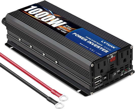 LVYUAN 1000 Watt Pure Sine Wave Power Inverter 12V to 110V/120V DC to AC Converter with Dual Sockets, Dual USB Ports, LED Display for Home Outdoor RV Car Power Inverter Power Adapter