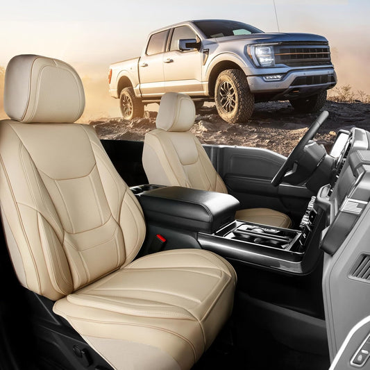 Coverland Custom Car Seat Covers Compatible with Tacoma, F150, F250, F350, Ram 1500, Silverado 1500 - Premium Leather Non-Slip Waterproof Interior Front Seat-Beige [See Size Chart-Size A10]