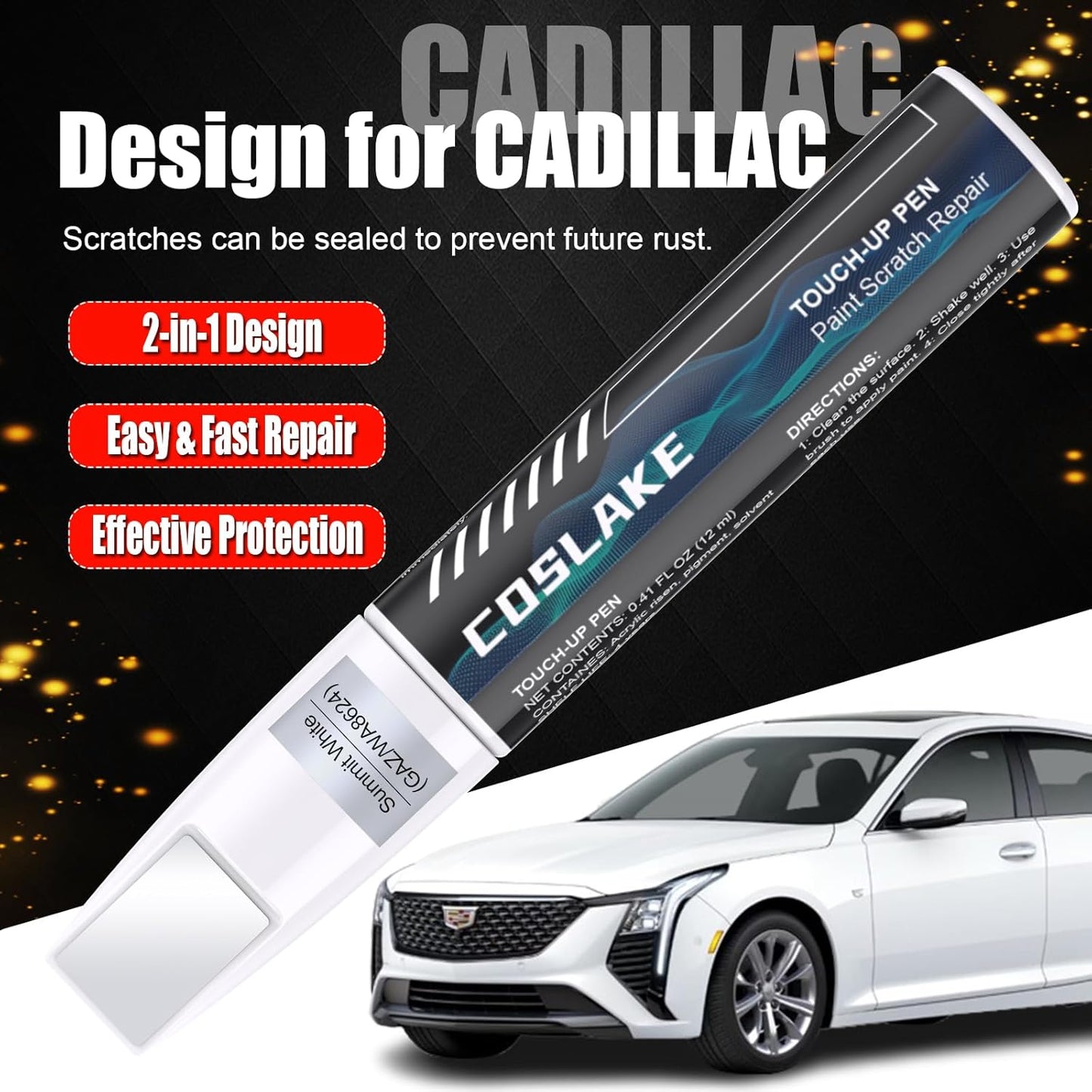 Car Touch Up Paint(Summit White(GAZ/WA8624)) for Cadillac, Car Paint Scratch Repair Kit, Quick & Easy Solution to Repair, Scratch Remover Pen with 2PCS Disposable Micro Applicators