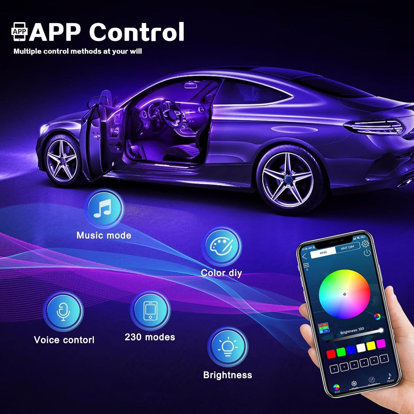 Acrylic Interior Car LED Strip Light with Wireless APP, Car Accessories 6 in 1 with 175 inches 593 LEDs Fiber Optic Ambient Lighting Kits, RGB Dynamic Music Sync Neon LED Strip Light for Car
