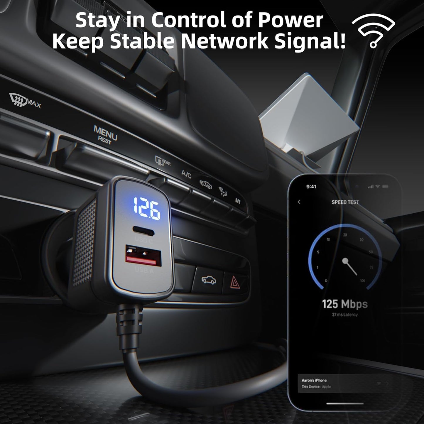 Starlink Mini Power Cable DC Cigarette Lighter Power Cable 10 Feet with Type-C Port, QC 3.0 Port & Voltmeter Display, 3-in-1 Starlink Mini DC Cable Fast Charging for Car Truck RV Ship