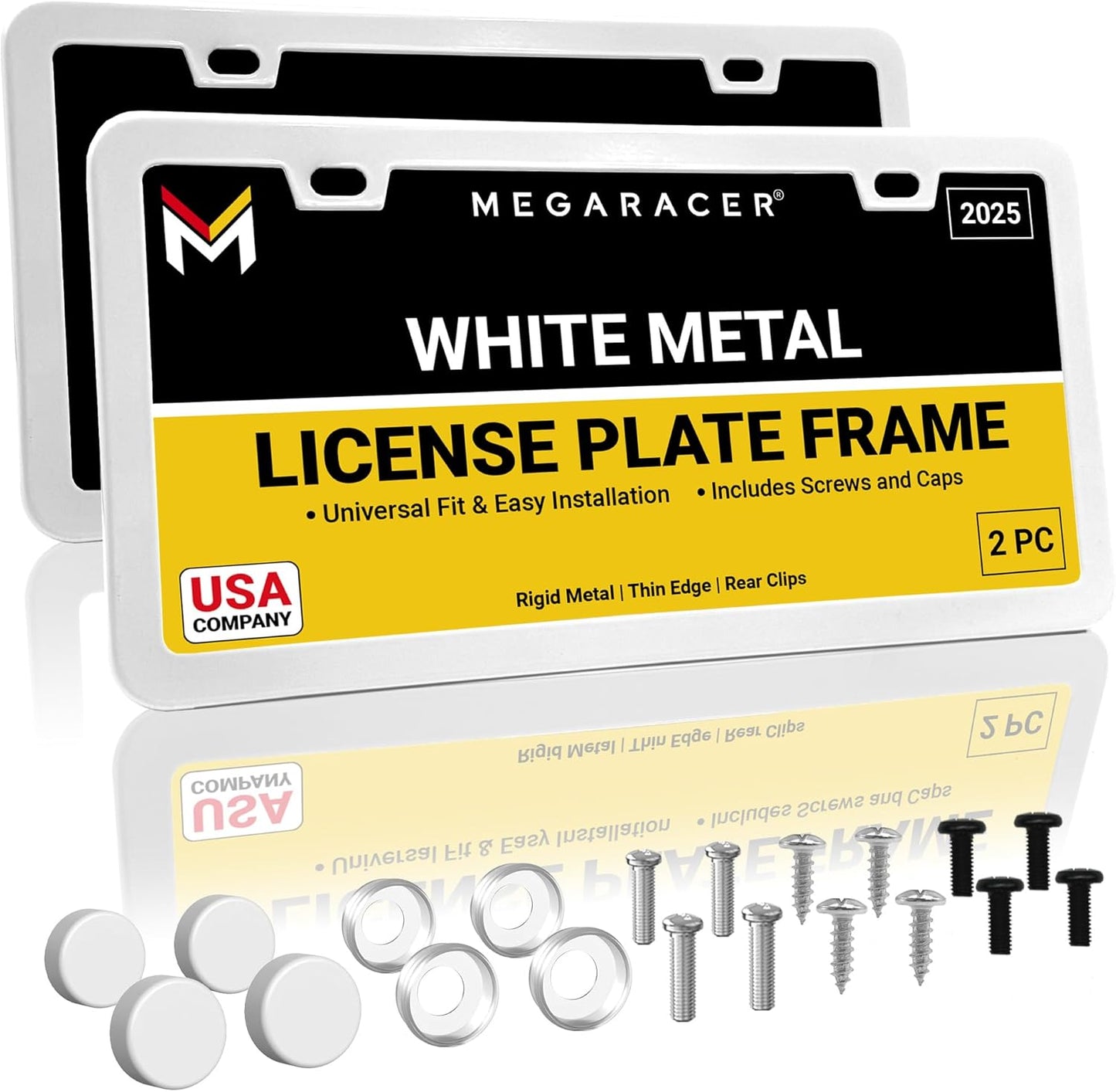 Premium Slim White License Plate Frames – 2 Pack, Rust-Free Stainless Steel, Street Legal & Rattle-Free, Universal Fit with Screw Covers, Sleek Thin Metal Front & Rear Car Tag Holders for Men & Women