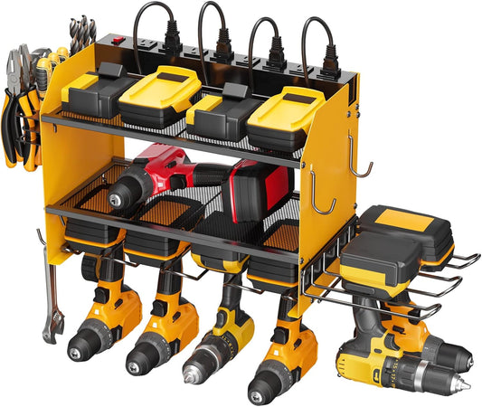CCCEI Modular Power Tool Organizer Wall Mount Charging Station, Yellow 6 Drills Holder with 8 Plug Power Strip, Garage Drill Battery Heavy Duty Metal Shelf, Utility Rack with Hooks, Side Storage.