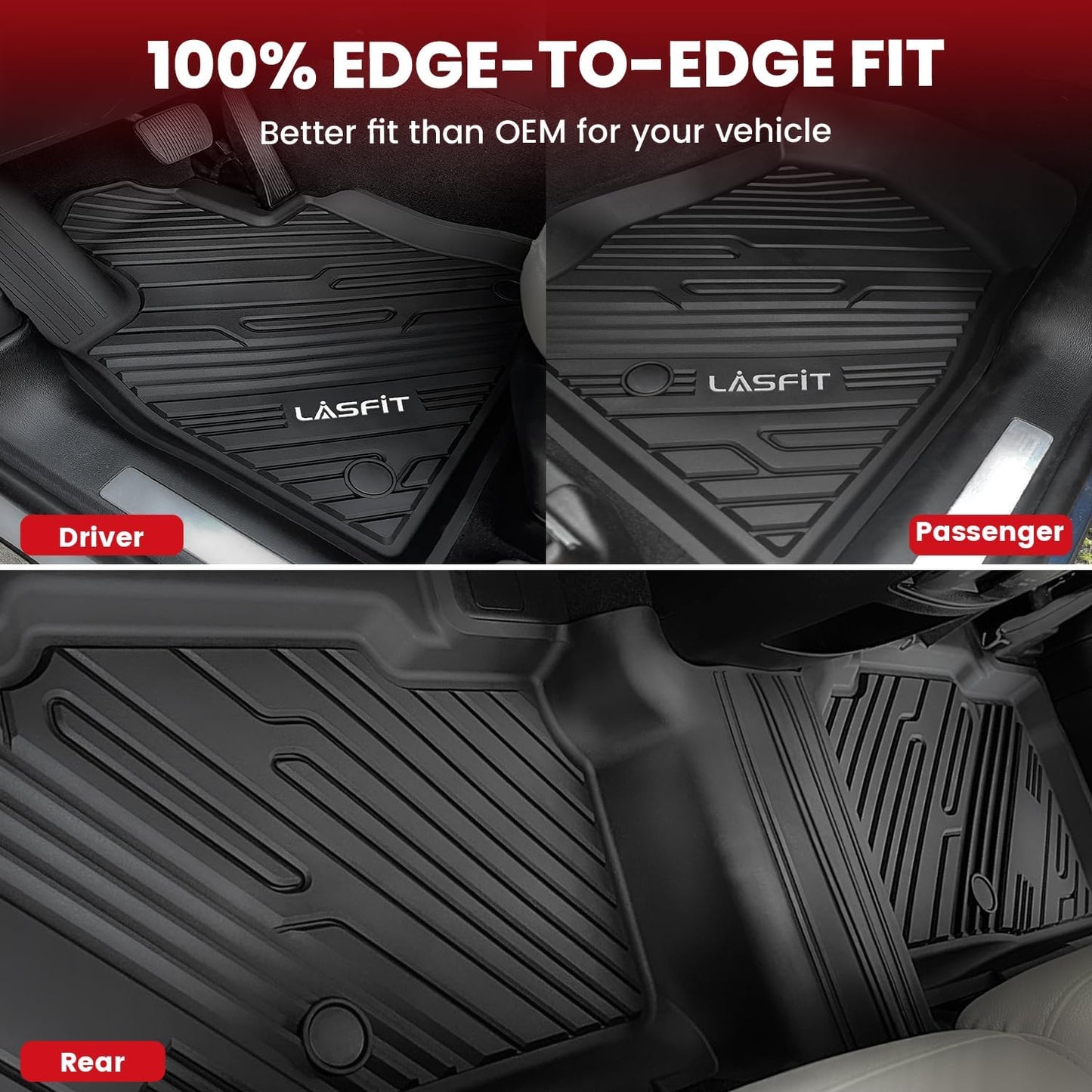 LASFIT Floor Mats for Ford Explorer 2020-2025 7 Passenger TPE All Weather Protector Anti-Slip Floor Liners, 2025 2024 2023 2022 2021 2020 Explorer 7 Seats Accessories, 1st& 2nd& 3rd Row, 4pcs Black