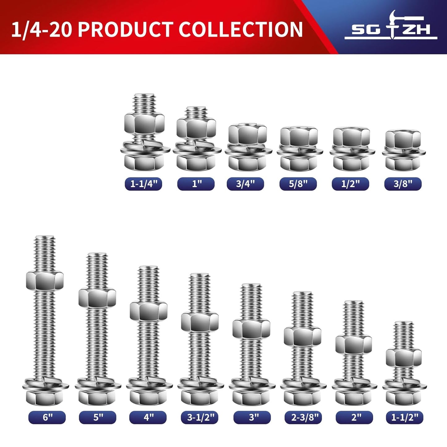 1/4-20 x 2" Hex Head Screw Bolt, Nuts, Flat & Lock Washers, 20Pcs 18-8 (304) Stainless Steel, Fully Threaded, by SG TZH