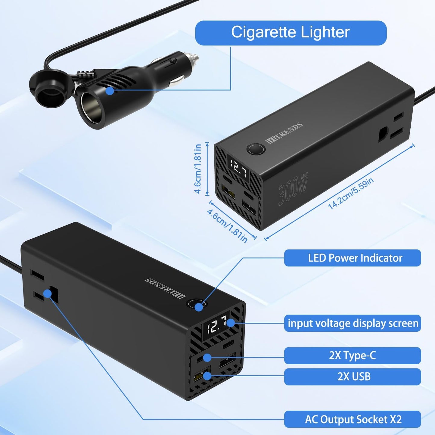 HITRENDS 300W Car Power Inverter, DC 12V to AC 110V with 2 USB Ports, 2 Type-C Ports, and 2 AC Outlets for Car, Home, and Travel Use (Black)