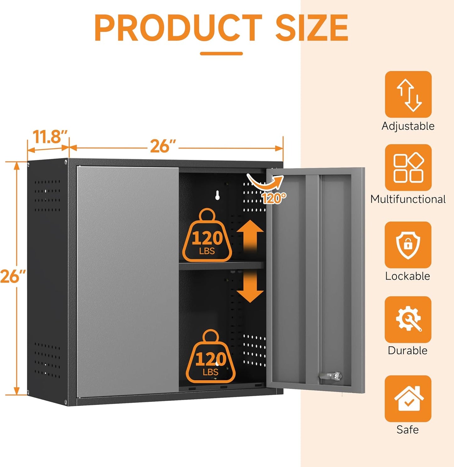 Metal Garage Wall Cabinet with 2 Doors and 1 Adjustable Shelf,Lockable Floating Tool Cabinet with Pegboard,Steel Storage Cabinet for Kitchen,Office,Garage,Laundry,Warehouse(Black&Gray, 26"H)