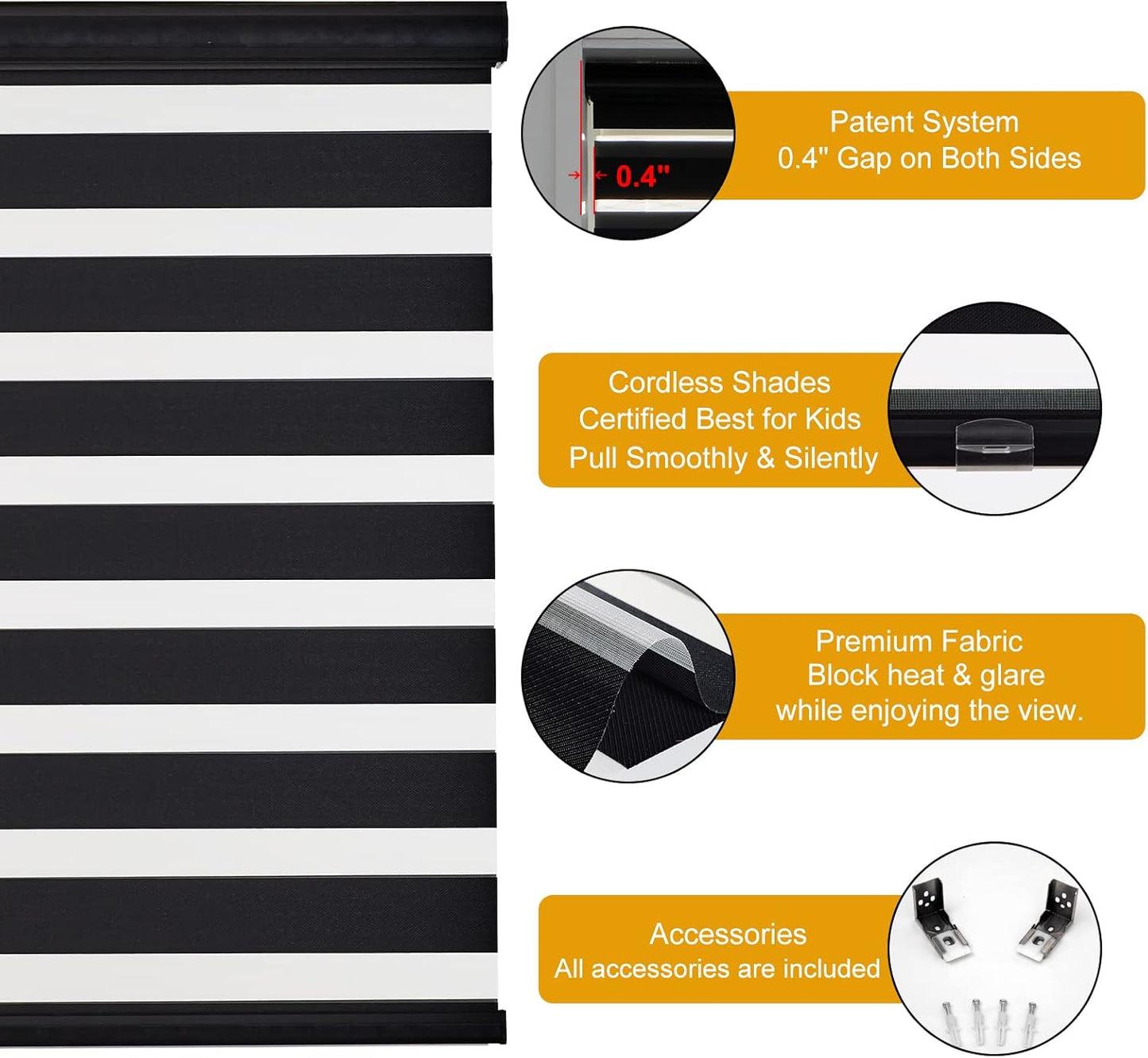 Persilux Cordless Zebra Blinds for Windows Free-Stop Roller Window Shades (39" W X 72" H, Black) Dual Layer Light Control for Day and Night, Light Filtering Sheer Shades for Home, Easy to Install