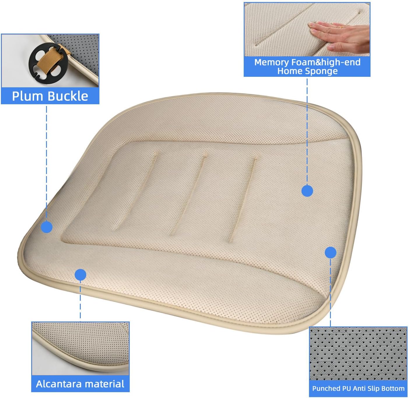 KAYI Car Seat Cushion, Memory Foam Car Seat Cushion, Anti Slip Rubber Bottom Car Seat Cushions for Driving, Suitable for Car and Office Chairs (2 Pack, Cream)